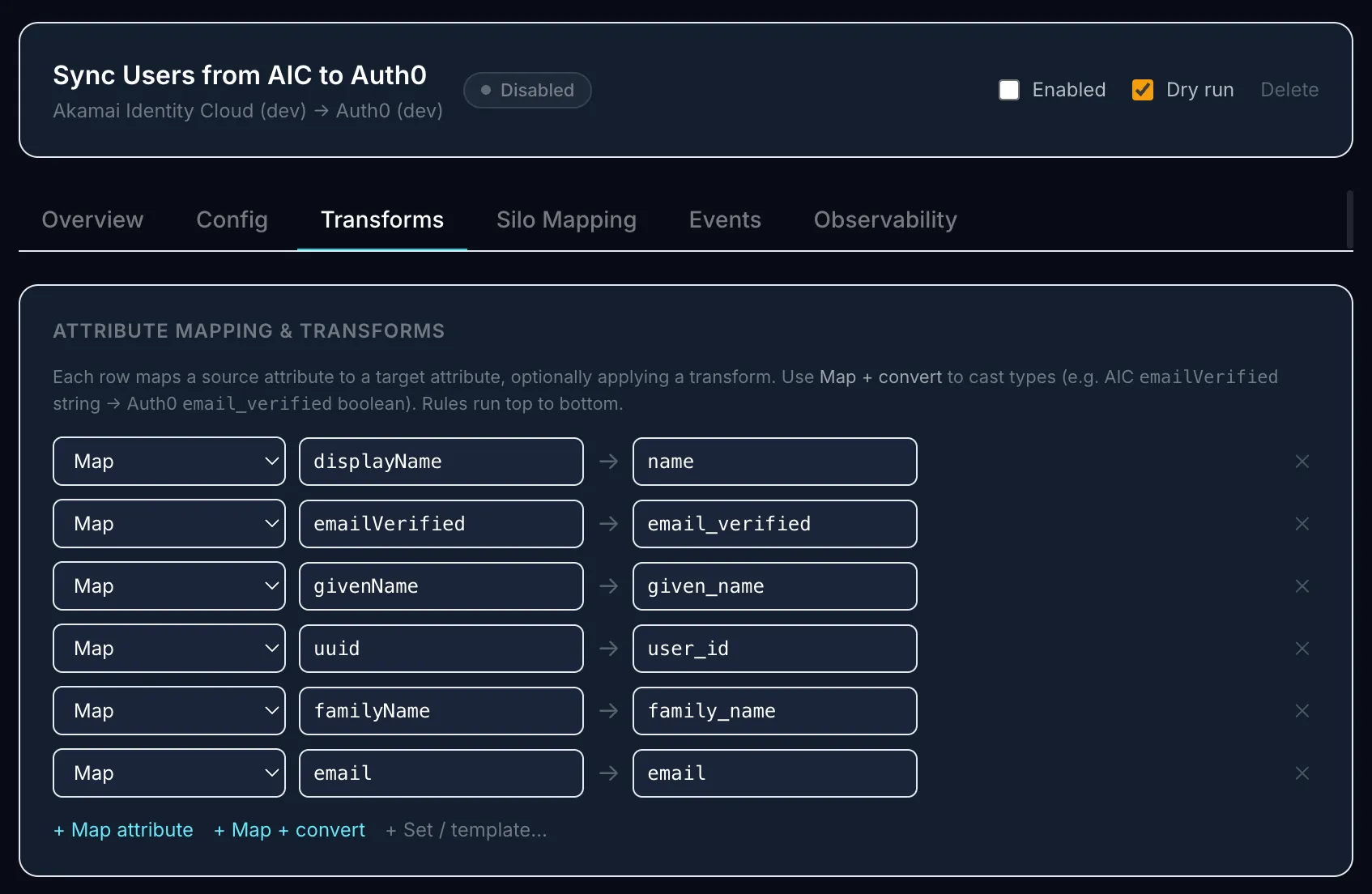 Next Reason AI Toolkit attribute mapping view showing source-to-target schema mapping across identity platforms.