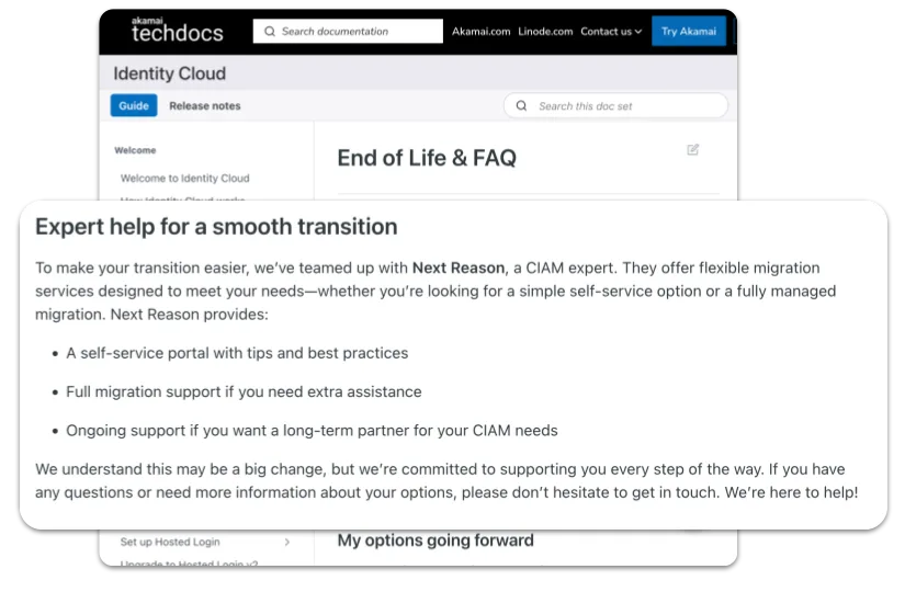 Akamai Identity Cloud end-of-life announcement with Next Reason migration support overview
